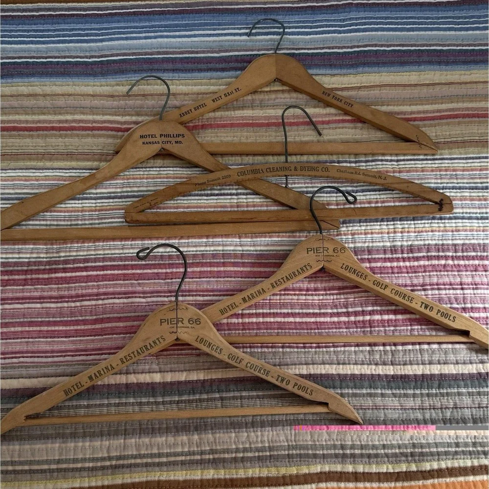 Vtg 5 pc Lot Antique Wire Hangers Advertising Wooden Clothes ny nj fl mo